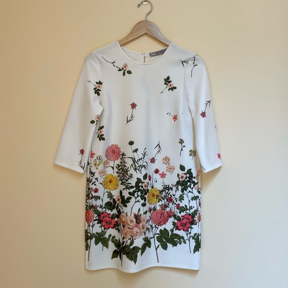 Asos Ivory Floral Sheath Dress Bateau Neck 3/4 Sleeve